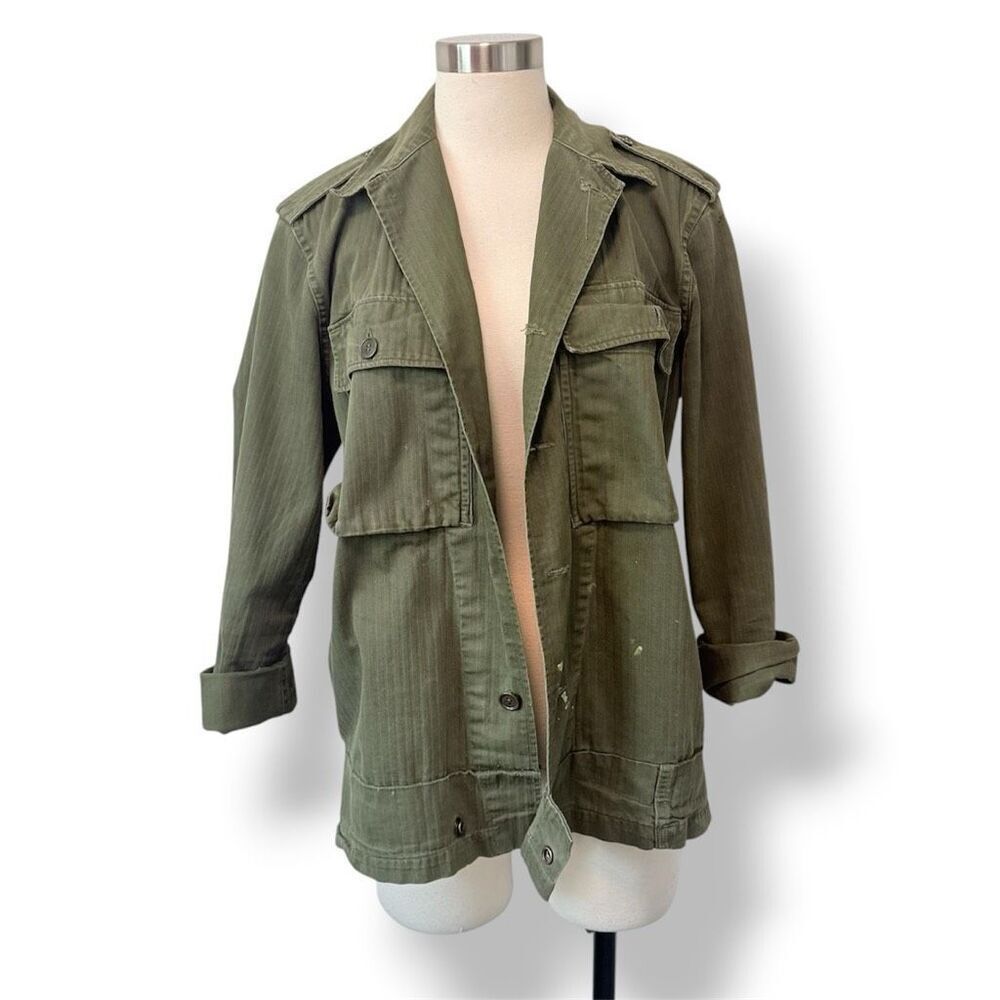 Vintage Green Denim Jean Army Military Jacket Lightweight Medium Utility